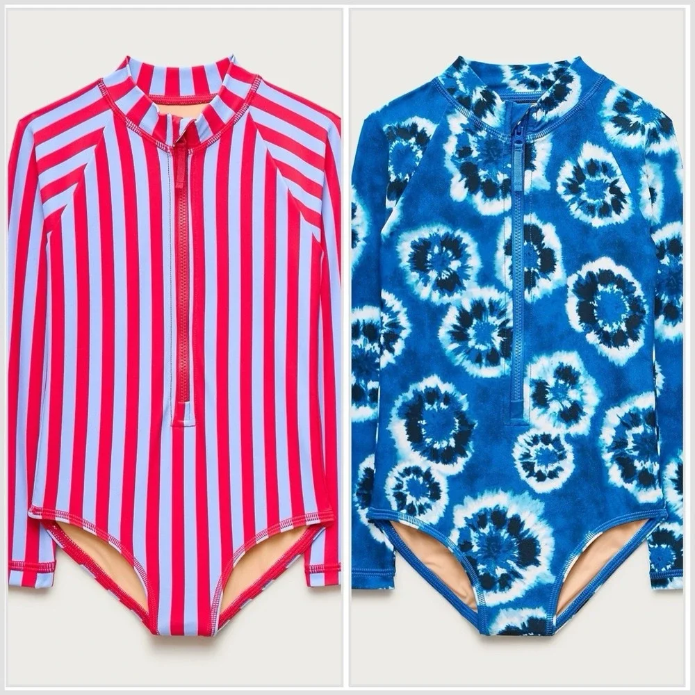 J Crew Crewcuts Girls Zip-Up Rash Guard UPF 50+ Swimsuits Sz 10 LOT OF 2~ NWT
